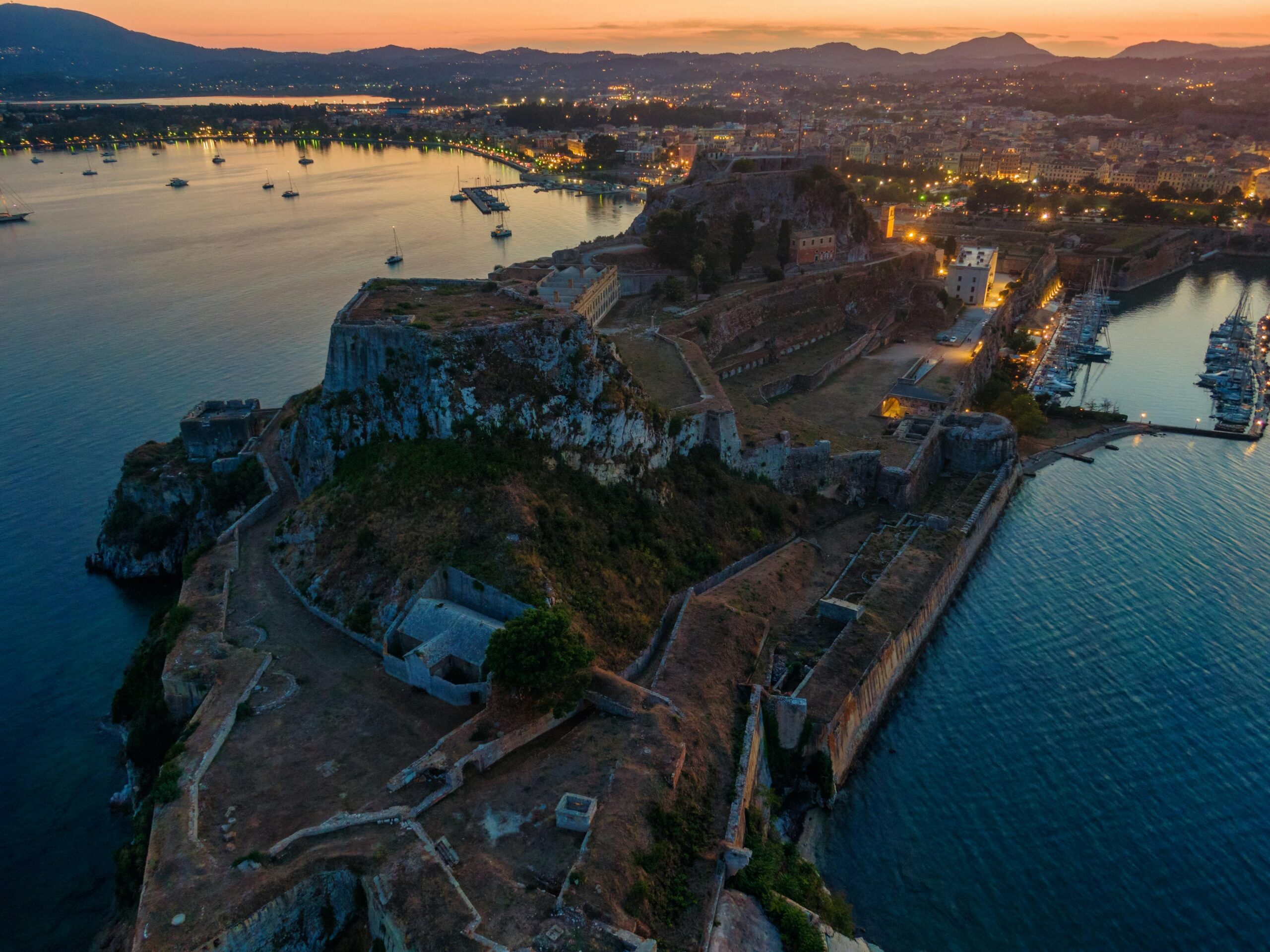 sunset aerial view of Corfu Old Fortress